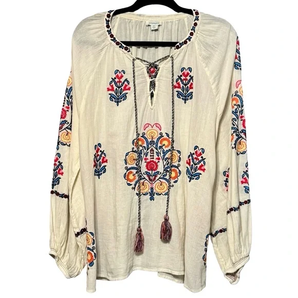 Sundance Floral Embroidered Long Sleeve Peasant Style Lightweight Blouse Top XL - Picture 2 of 11